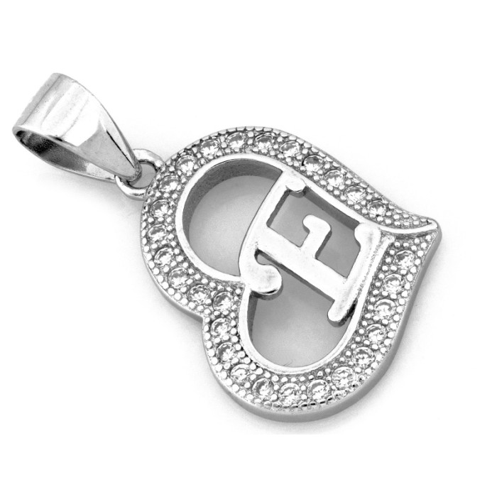 Srebrna zawieszka z sercem z cyrkoniami z literką E