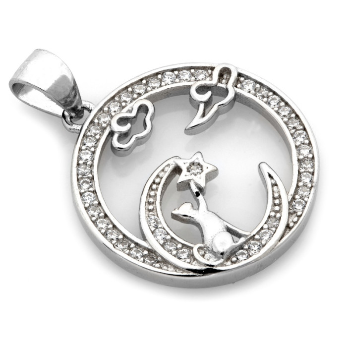 Zawieszka srebrna okrągła kot księżyc noc z cyrkoniami