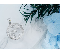 Zawieszka srebrna okrągła kot księżyc noc z cyrkoniami