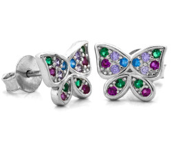 Kolczyki srebrne motylki na sztyfcie z kolorowymi cyrkoniami
