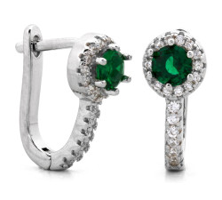 Srebrne kolczyki angielskie z cyrkoniami z zielonym oczkiem