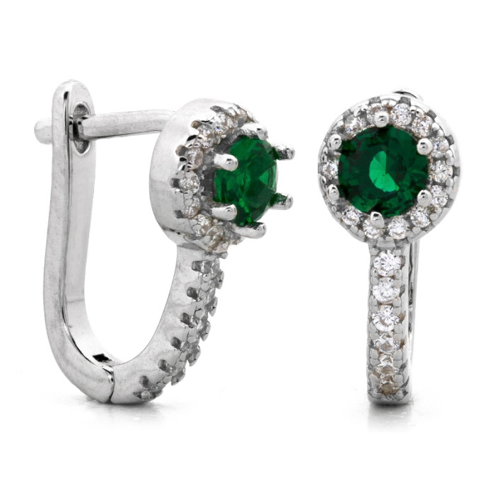 Srebrne kolczyki angielskie z cyrkoniami z zielonym oczkiem