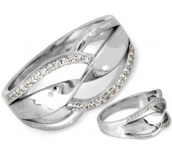 Pierścionek srebrny przeplatany szeroki z cyrkoniami