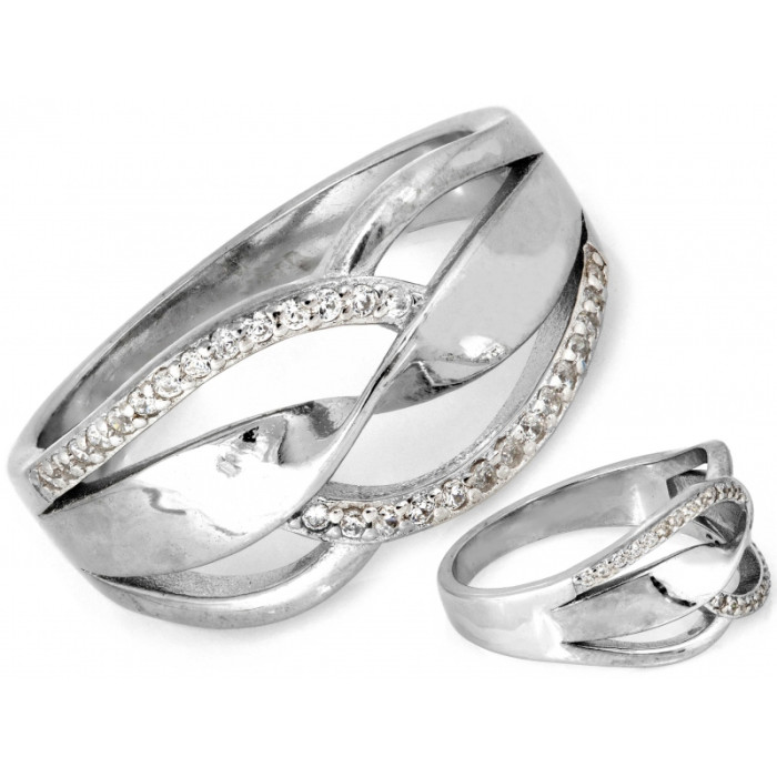 Pierścionek srebrny przeplatany szeroki z cyrkoniami