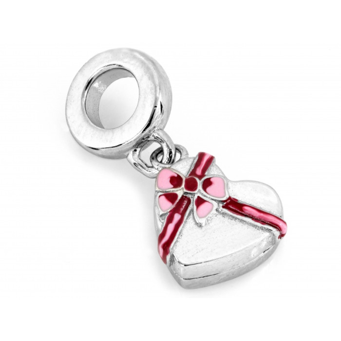 Srebrny charms serce różowa kokardka do bransoletki