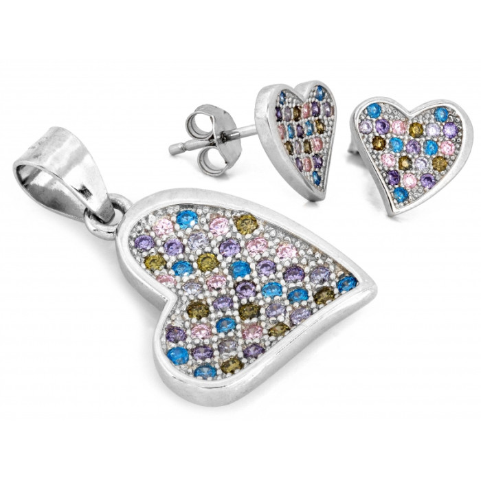 Komplet srebrny z sercem, kolczyki i zawieszka