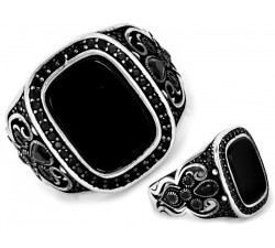 Oryginalny srebrny sygnet duży ozdobny wzór z czarnymi kamieniami