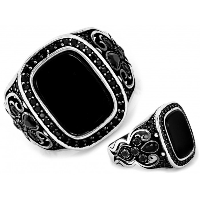 Oryginalny srebrny sygnet duży ozdobny wzór z czarnymi kamieniami