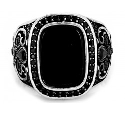 Oryginalny srebrny sygnet duży ozdobny wzór z czarnymi kamieniami