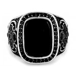 Oryginalny srebrny sygnet duży ozdobny wzór z czarnymi kamieniami