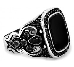 Oryginalny srebrny sygnet duży ozdobny wzór z czarnymi kamieniami