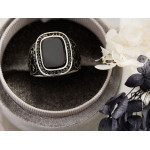 Oryginalny srebrny sygnet duży ozdobny wzór z czarnymi kamieniami