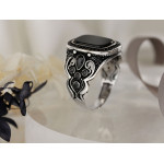 Oryginalny srebrny sygnet duży ozdobny wzór z czarnymi kamieniami