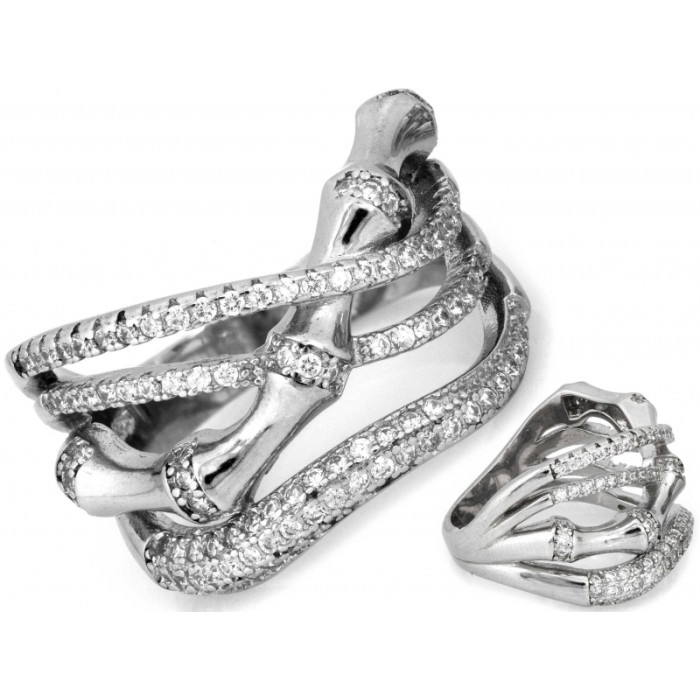 Szeroki srebrny pierścień przeplatany z cyrkoniami