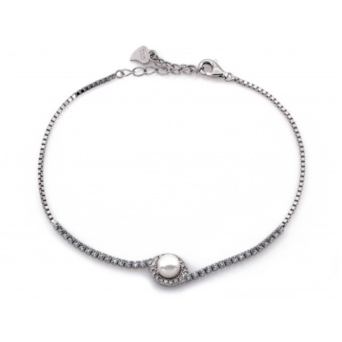 Bransoletka srebrna z cyrkoniami i perłą