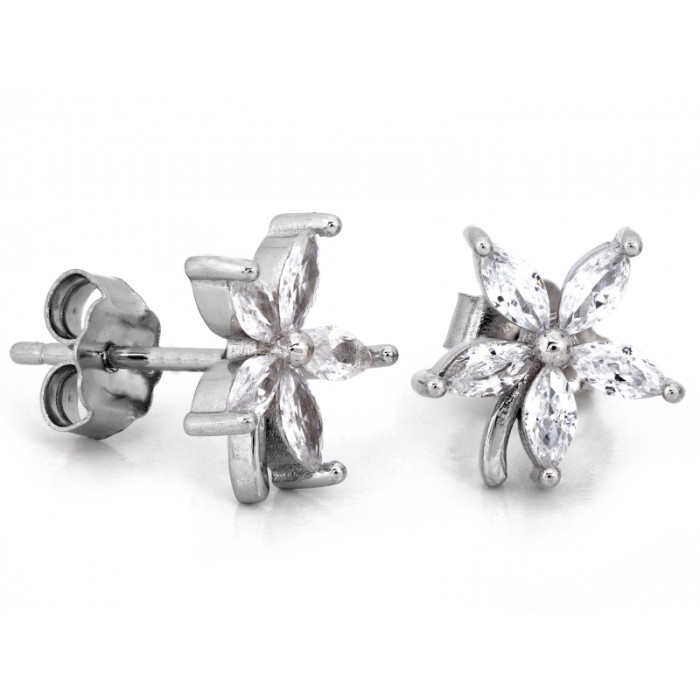 Srebrne kolczyki kwiatki z cyrkoniami na sztyfcie