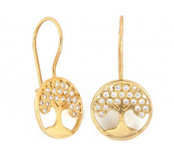 Kolczyki złote na biglu z drzewkiem szczęścia z cyrkoniami