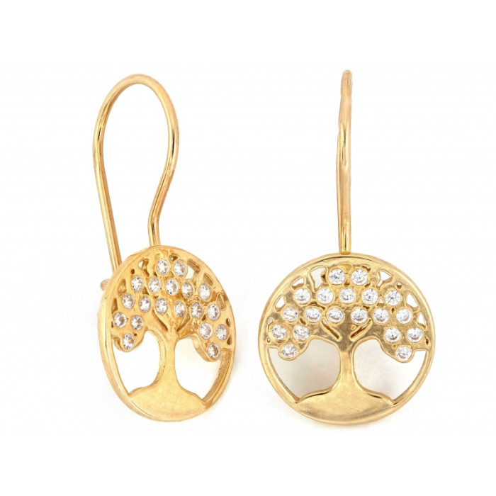 Kolczyki złote na biglu z drzewkiem szczęścia z cyrkoniami