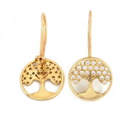 Kolczyki złote na biglu z drzewkiem szczęścia z cyrkoniami