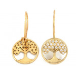 Kolczyki złote na biglu z drzewkiem szczęścia z cyrkoniami