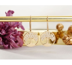 Kolczyki złote na biglu z drzewkiem szczęścia z cyrkoniami