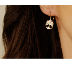 Kolczyki złote na biglu z drzewkiem szczęścia z cyrkoniami