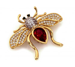 Złota broszka pszczoła z czerwonym kamieniem