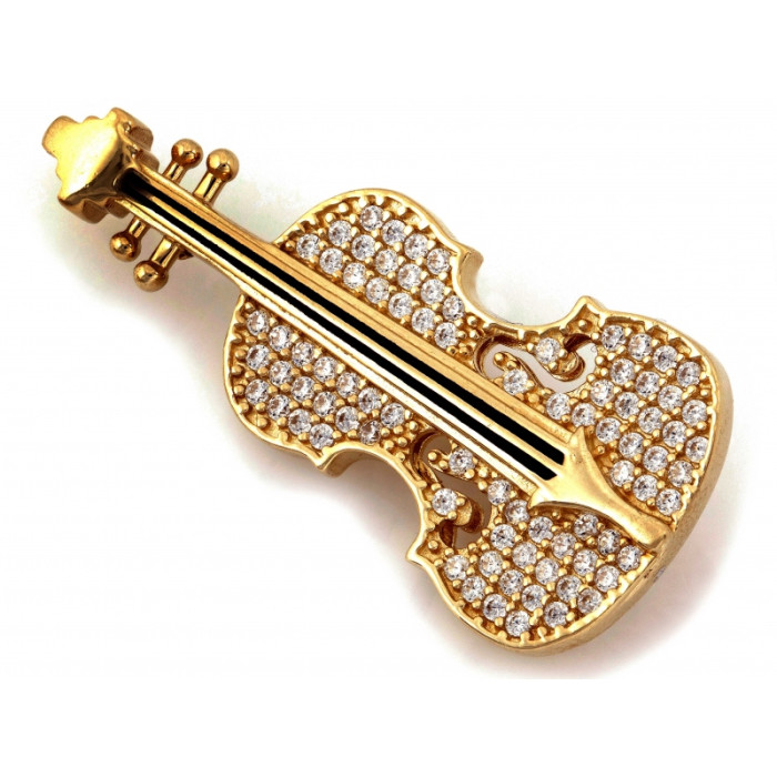 Złota broszka skrzypce z cyrkoniami