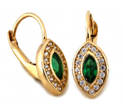 Kolczyki złote 585 subtelne angielskie z zielonymi kamieniami w kształcie migdałów S