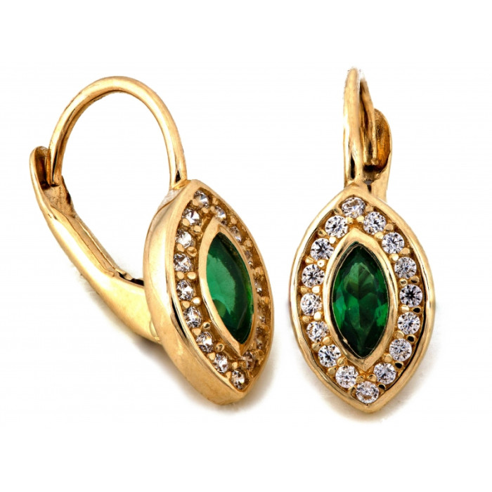 Kolczyki złote 585 subtelne angielskie z zielonymi kamieniami w kształcie migdałów S