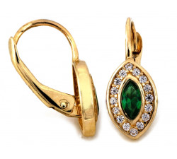 Kolczyki złote 585 subtelne angielskie z zielonymi kamieniami w kształcie migdałów S