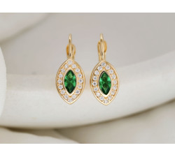 Kolczyki złote 585 subtelne angielskie z zielonymi kamieniami w kształcie migdałów S