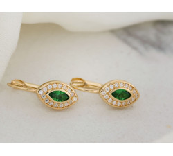 Kolczyki złote 585 subtelne angielskie z zielonymi kamieniami w kształcie migdałów S