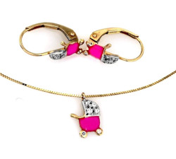 Złoty komplet biżuterii 585 dziecięcy różowy wózek