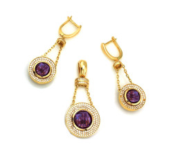 ZŁOTY KOMPLET BIŻUTERII 585 FIOLETOWE KOŁA PREZENT